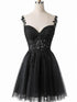 A-line Black Tulle Short Party Dress with Lace, Black Sweetheart Homecoming Dress